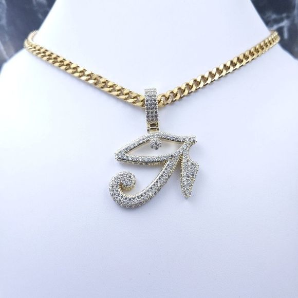 18" Cuban Chain & Gold Finish Eye of Horos Pendant - Picture 8 of 11